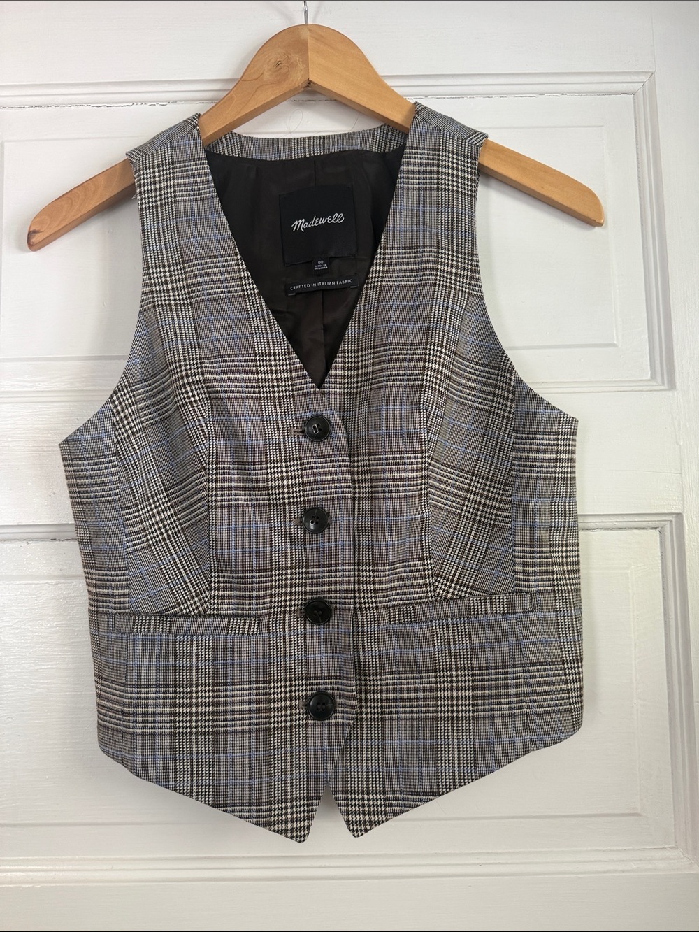 Madewell Plaid V-Neck Tailored Vest in Gray and Blue
